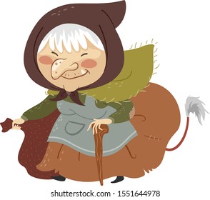 Illustration of Icelandic Christmas Cannibal Gryla with Long Nose and Tail Wearing Old Headscarf Holding a Sack Bag and Using Walking Stick to Walk