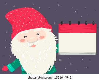 Illustration of an Icelandic Yule Lad with Long White Beard and Mustache Wearing Red Bonnet Holding a Blank Calendar