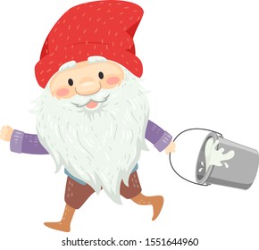 Illustration of an Icelandic Yule Lad with Long White Beard and Mustache Wearing Red Bonnet Carrying a Bucket of Milk from the Cowshed