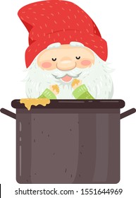 Illustration of an Icelandic Yule Lad with Long White Beard and Mustache Wearing Red Bonnet Eating Leftovers in Pot