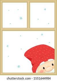 Illustration of an Icelandic Yule Lad with Long White Beard and Mustache Wearing Red Bonnet Peeping Through a Window with Snow Falling