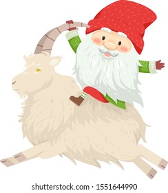 Illustration of an Icelandic Yule Lad with Long White Beard and Mustache Wearing Red Bonnet Ridding a Big Sheep