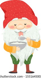 Illustration of an Icelandic Yule Lad with Long White Beard and Mustache Wearing Red Bonnet Licking Skyr Off a Spoon and Holding a Bowl Full of It