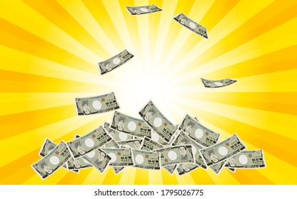 Illustration of Ichiman Yen bills piled up highlighted with a radial background