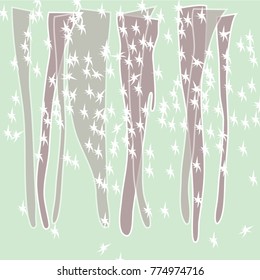 Illustration of icicles with white stars like snow drops randomly scattered over them on a pale greenish background.