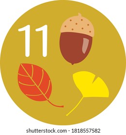 An illustration icon of an acorn and fall foliage on November for a calendar.