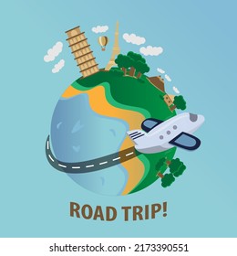 Illustration icon background road trip, travel to world, landmarks on the globe. Suitable for any content about holiday and arts.