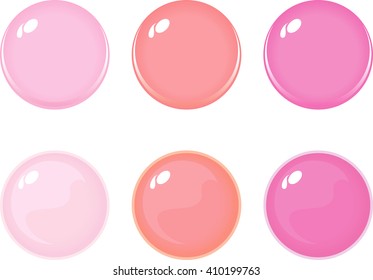 Illustration von Symbolbottons einzeln auf Weiß. Set mit rosafarbenen Etiketten, 6 Bottons. Mehrfarbige Glasbälle. Vektorgrafik