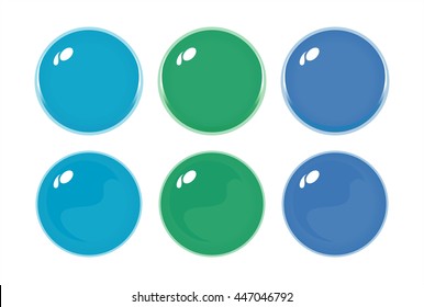 Illustration of icon bottons isolated on white. Set of Blue Green Purple labels, 6 bottons. Multi-colored glass balls. Vector