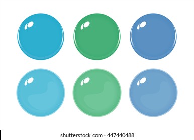 Illustration of icon bottons isolated on white. Set of Blue Green Purple labels, 6 bottons. Multi-colored glass balls. Vector