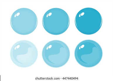 Illustration of icon bottons isolated on white. Set of Light Blue labels, 6 bottons. Graduation color. Glass balls. Vector