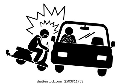 illustration of the icon of a car and motorbike colliding and having an accident