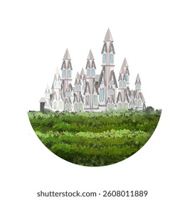 illustration icon of a castle building behind the forest