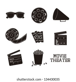 Illustration of icon of cinema, 3D cinema glasses,  director slate, popcorn, tickets, and Film reel, vector illustration