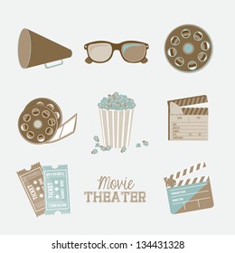 Illustration of icon of cinema, 3D cinema glasses,  director slate, popcorn, tickets, and Film reel, vector illustration