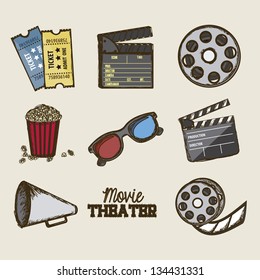 Illustration of icon of cinema, 3D cinema glasses,  director slate, popcorn, tickets, and Film reel, vector illustration