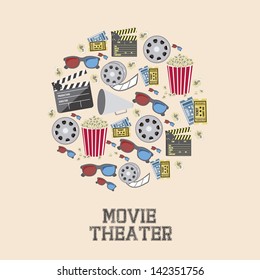 Illustration of icon of cinema, 3D cinema glasses,  director slate, popcorn, tickets, and Film reel, vector illustration 