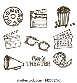 Illustration of icon of cinema, 3D cinema glasses,  director slate, popcorn, tickets, and Film reel, vector illustration 