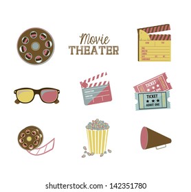 Illustration of icon of cinema, 3D cinema glasses,  director slate, popcorn, tickets, and Film reel, vector illustration 