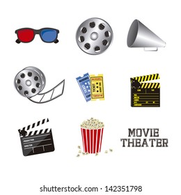 Illustration of icon of cinema, 3D cinema glasses,  director slate, popcorn, tickets, and Film reel, vector illustration 