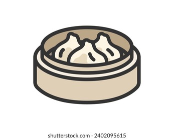 Illustration of an icon (color line drawing) of xiaolongbao in a steamer basket.