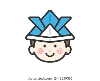 An illustration of an icon (color line drawing) of a boy wearing a helmet made from origami.