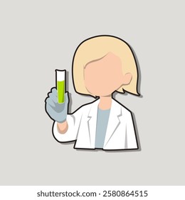 Illustration icon of a female scientist wearing a lab coat and gloves, holding a test tube with green liquid. Simple cartoon style, full color pharmacist illustration