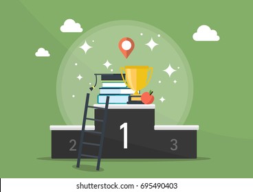 Illustration, Icon, Flat Icon, Flat Design, Flat, Education, School, Education, Student, Banner, Pop, Rank, Number One, Number One, Trophy, Book, Single