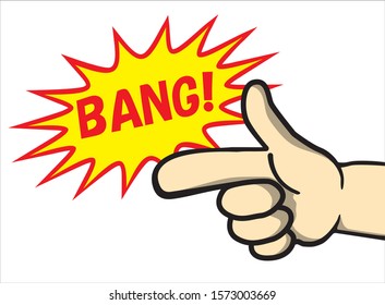 Illustration, icon of hand posing a pistol. Text: bang !