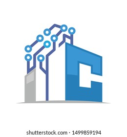 Illustration icon of high-tech building with the initials letter C