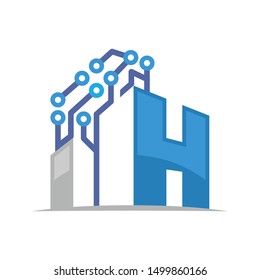Illustration icon of high-tech building with the initials letter H
