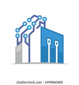 Illustration icon of high-tech building with the initials letter M