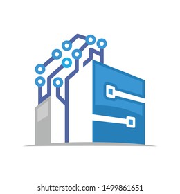 Illustration icon of high-tech building with the initials letter S