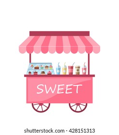 Illustration Icon Of Kiosk With Cakes, Milkshakes. Sweet Cart Isolated On White Background - Vector