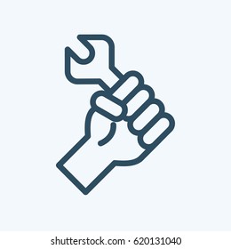 illustration or icon of Labor Day concept with man holding wrench. Logo for international labor day on 1st may