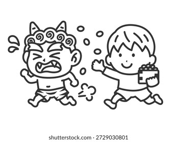 Illustration of an icon (line drawing) of a boy confronting a red demon