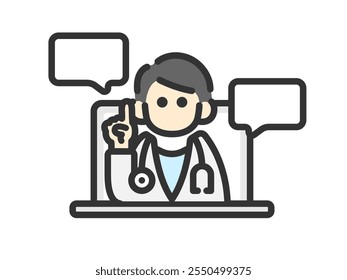 Illustration of an icon (line drawing color) of a male doctor having a conversation during online medical treatment on a PC.