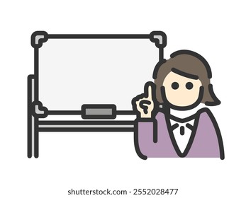 Ilustração de um ícone (cor do desenho da linha) de uma mulher de negócios dando uma apresentação usando um quadro de comunicações.