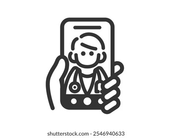 Illustration of an icon (line drawing) of a person (male doctor) who provides online medical treatment on a smartphone.