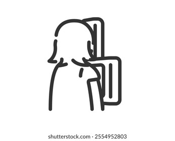 Illustration of an icon (line drawing) of a woman undergoing a chest x-ray examination.