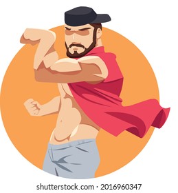 Illustration and icon of man flexing his arms with shirt and sports pants.