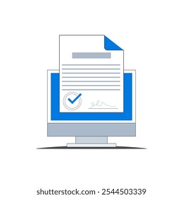 Illustration of an icon of an official document signed and approved via electronic correspondence.