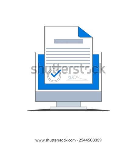 Illustration of an icon of an official document signed and approved via electronic correspondence.