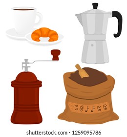 Illustration icon on theme big colored set different types maker kettle, new size logo mills. Mill pattern consisting of collection accessory to maker kettles. Maker mill for fresh coffee in kettle.