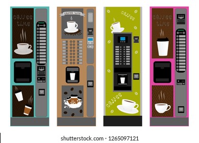 Illustration icon on theme big colored set different types coffee machine, new size logo vending. Coffee pattern consisting of collection accessory to vending machine. Vending machine for fresh coffee