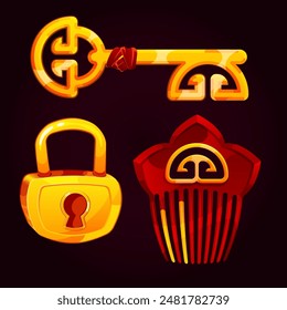 illustration; icon; oriental; collection; attribute; vector; graphic; ethnic; comb; key; padlock; design; art; trophies; clipart; brown; button; status; gold; 