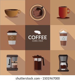 an illustration or icon package consisting of a cup of coffee, glass, cold glass, hot glass, coffee maker, coffee machine, heater with flat design style