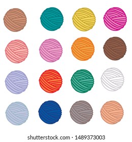 Illustration of icon or pattern of multicolor yarn ball. For crocheting and knitting print, logo, web, creative design. Isolated on white. Vector version.