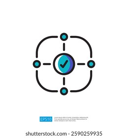 A Illustration icon representation featuring a central checkmark surrounded by four nodes, symbolizing connectivity and validation.