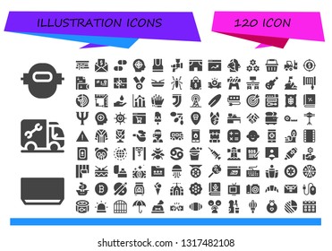 illustration icon set. 120 filled illustration icons.  Simple modern icons about  - Robot, Soup, Plumber, Smore, Money, Pills, Target, Tank top, Airbrush, Shorts, Analytics, Girl